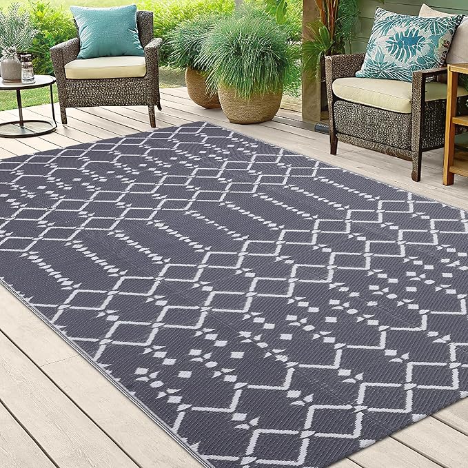 Smiry Outdoor Rug 5x8 ft, Waterproof Reversible Plastic Straw Rugs, Boho Outdoor Area Rug, Outside Floor Mat for Patio, Backyard, Deck, Picnic, Beach, Camping, Grey