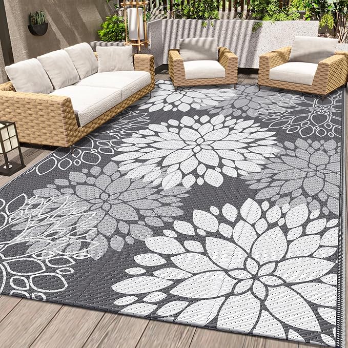 LuxStep Outdoor Rug Waterproof Outdoor Plastic Straw Rug Reversible Patio Rug Mat Outdoor Decor Large Area Mats for RV, Picnic, Backyard, Deck, Balcony, Porch, Beach, Camping, 5'x 8',Grey