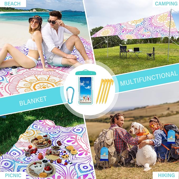 BYDOLL Beach Blanket Waterproof Sandproof 78''×110'' Suits1-7 Adults Compact Lightweight Oversized Sand-Free Blanket Large Picnic Mat for Beach Travel Camping Hiking