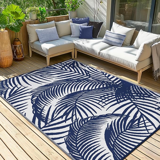 GENIMO Outdoor Rug 6' x 9' Waterproof for Patio Clearance, Reversible Plastic Straw Camping Carpet, Lightweight Mats for Rv, Backyard, Deck, Porch, Picnic, Beach, Balcony, Blue & White