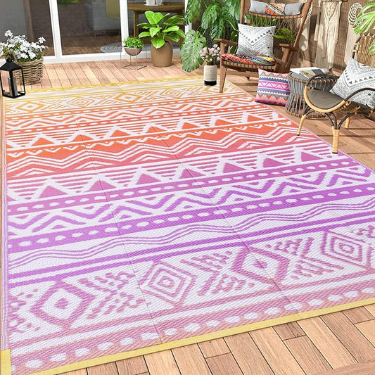 Lahome Outdoor Rug 8x10 Patio Waterproof, Reversible Outdoor Plastic Straw Rug for Camping, RV Patio Rugs Outside Large Carpet for Porch Deck Backyard Picnic(Orange/Purple,8'x 10')
