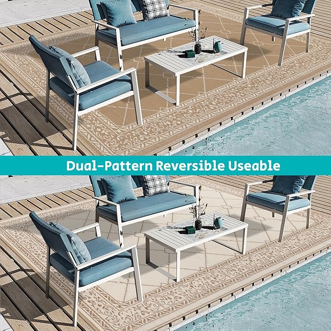 HEBE Outdoor Rug 9'x12' for Patios Waterproof Clearance Reversible Patio Mat Plastic Straw Rug RV Camping Mat Outside Area Rug Carpet for Camping RV,Porch,Deck,Balcony,Camper,Backyard