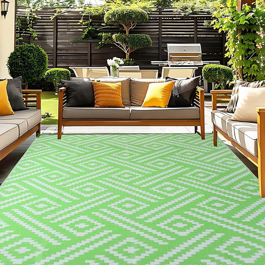 OPPODREAM Outdoor Rug 5x8 Ft, Waterproof Outdoor Plastic Straw Rug for Patio, Reversible Out Door Carpet for Camping, Deck, Rv, 5 x 8 Area Carpet for Balcony, Porch, Backyard, White and Green