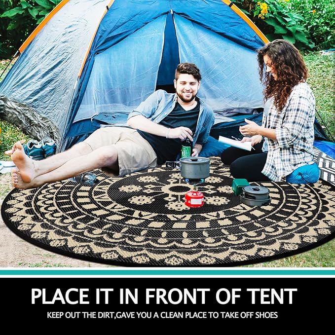 Capslpad 8Ft Round Outdoor Rug for Patio Reversible Mat Waterproof Plastic Straw Rug Boho Circle Indoor Outside Area Rug for RV Camping Picnic Pool Tent Balcony Beach Deck Doormats Decor, Beige
