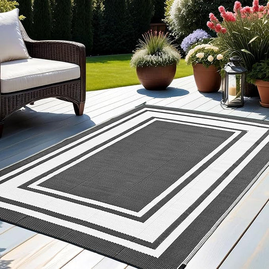 RURALITY Outdoor Rugs 5x8 Waterproof for Patios Clearance,Plastic Straw Mats for Backyard,Porch,Deck,Balcony,Reversible,Black and White