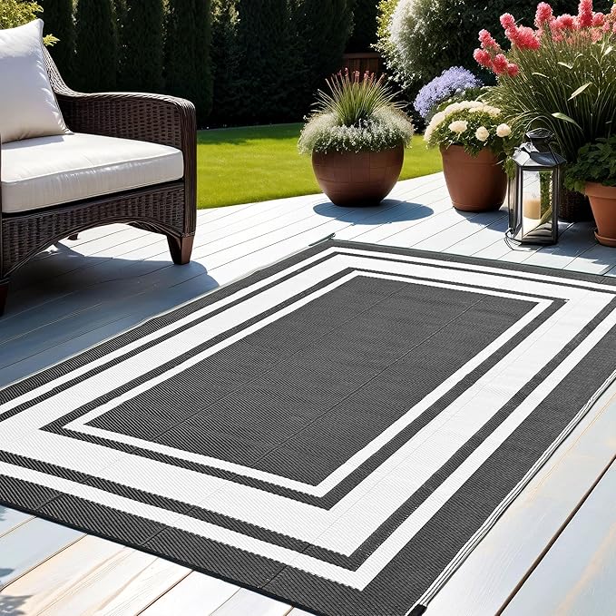 RURALITY Outdoor Rugs 6x9 Waterproof for Patios Clearance,Plastic Straw Mats for Backyard,Porch,Deck,Balcony,Reversible,Black and White