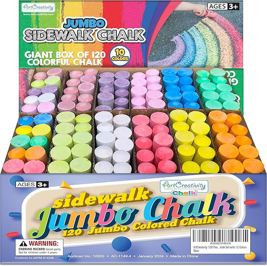 ArtCreativity Jumbo Sidewalk Chalk Set for Kids, Giant Box of 120 Colorful Chalk Pieces, Non-Toxic, Dust-Free, Washable Chalk in 10 Colors, For Driveway, Pavement, Outdoors, Great Arts & Crafts