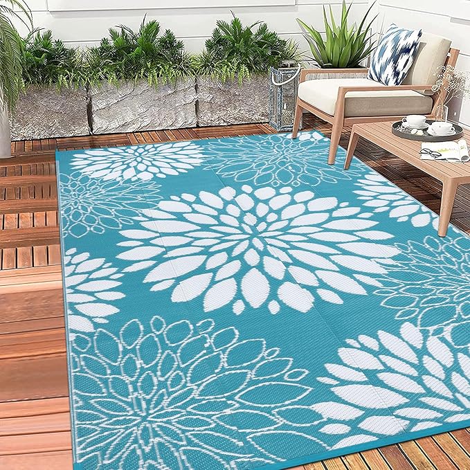 Ileading Reversible Outdoor Rug 5x8Ft Waterproof Patio Rug Carpet Portable Outdoor Plastic Straw Rug Large RV Camping Mat Rug for Patio, Clearance, Deck, Beach, Porch, Camping, Picnic, Flower Teal