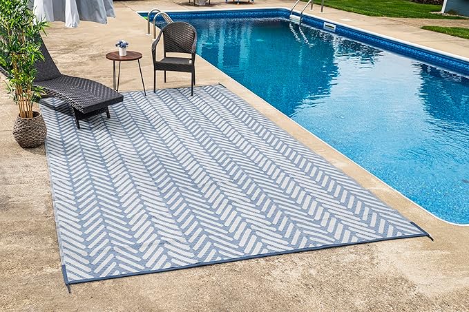 FH Home Outdoor Camping Rug - Waterproof, Fade Resistant, Reversible - Premium Recycled Plastic - Herringbone - Large Patio, Deck, Sunroom, RV - Fresno - Light Blue - 5 x 8 ft Foldable