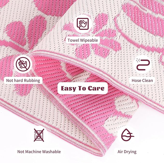 Ileading Outdoor Plastic Straw Rug 8x10ft Funny Floral Style Reversible Patio Area Rugs Waterproof Non Shedding Portable Carpets for Rv Outside Deck Pool Beach Picnic Camping (Pink)