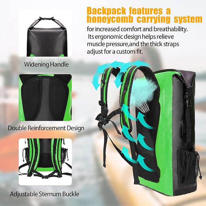 8 Fans Waterproof Backpack 50L,Floating Dry Bag with Phone Case,Roll Top Closure Waterproof Bag for Kayak Boating Sailing Canoeing Rafting Fishing Camping Green