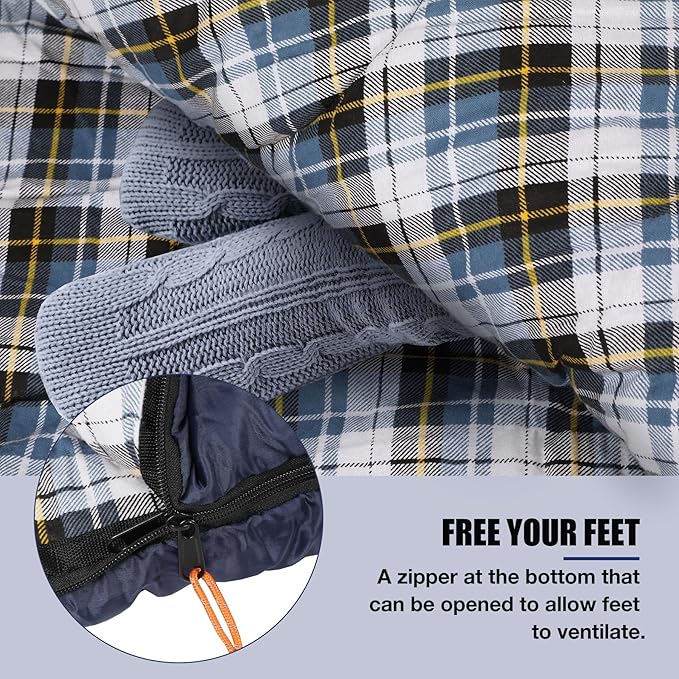 REDCAMP Flannel Sleeping Bag for Adults, Comfortable Cotton Sleeping Bags for Camping with Detachable Hood, Red/Grey/Blue