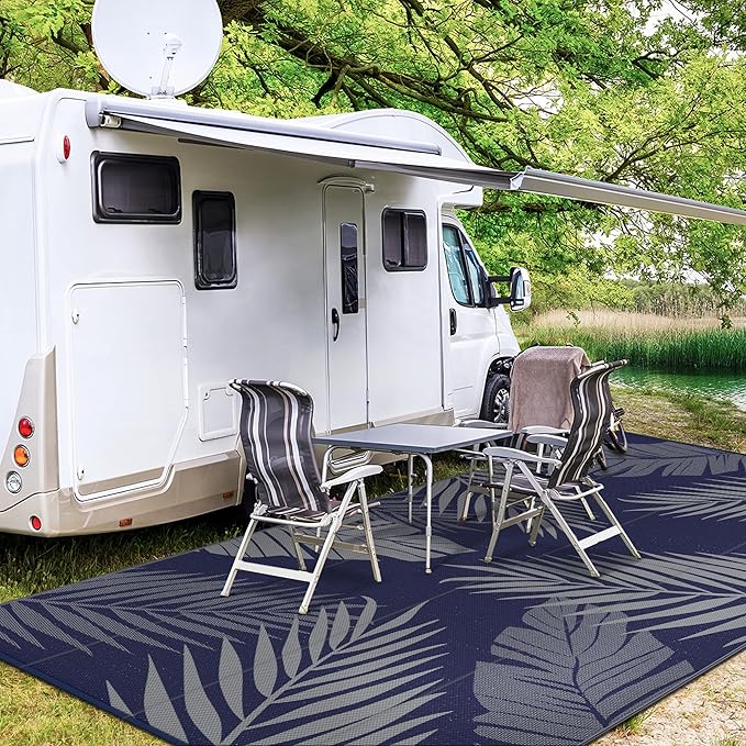 GENIMO Outdoor Rug 9' x 18' Waterproof for Patios Clearance, Reversible Outdoor Plastic Straw Camping Rug Carpet, Large Area Rugs Mats for RV, Camper, Deck, Balcony, Porch, Beach, Navy Blue&Grey