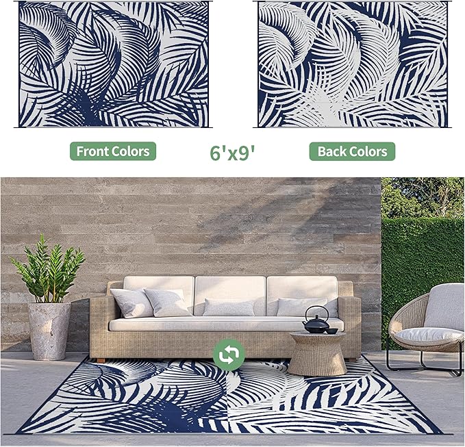 GENIMO Outdoor Rug 6' x 9' Waterproof for Patio Clearance, Reversible Plastic Straw Camping Carpet, Lightweight Mats for Rv, Backyard, Deck, Porch, Picnic, Beach, Balcony, Blue & White