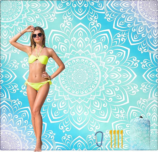 Beach Blanket Waterproof Sandproof Beach Mat Quick Drying Durable Outdoor Picnic Mat for Beach Festival Travel Picnic Camping Hiking (Gradiant Blue-Mandarin,79"×83"(4 Person))