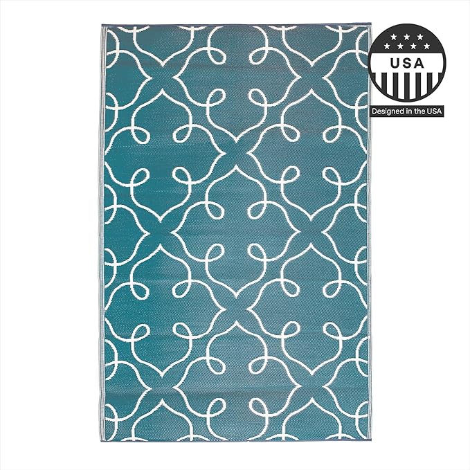 FH Home Outdoor Camping Rug - Waterproof, Fade Resistant, Reversible - Premium Recycled Plastic - Moroccan Lattice Tile - Large Patio, Deck, Sunroom, RV - Syracuse - Sea Green - 9 x 12 ft Foldable