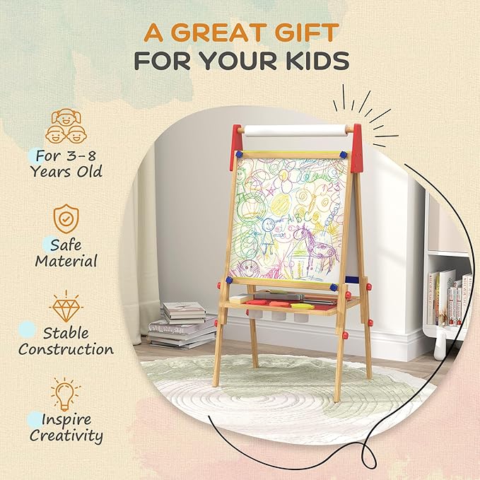 Qaba Easel for Kids, 3 in 1 Kids Art Easel with Paper Roll, Whiteboard, Chalkboard, Double Sided & Adjustable Height Wooden Toddler Easel with Painting Accessories, for Kids 3-8 Years, Nature Wood