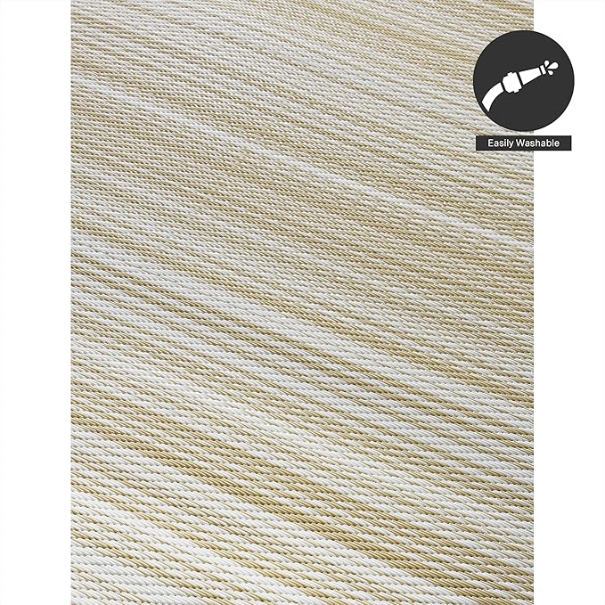 FH Home Outdoor Camping Rug - Waterproof, Fade Resistant, Reversible - Premium Recycled Plastic - Striped - Large Patio, Deck, Sunroom, RV - Havana - Beige - 4 x 6 ft Foldable