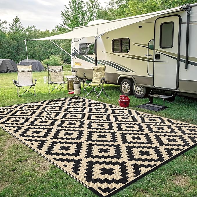 Smiry Waterproof Outdoor Rug 8x10 ft, Reversible Plastic Straw Patio Camping Rugs, Outdoor Indoor RV Mat Carpet for Patio, Outside Entry, Backyard, Deck, Bench, Picnic, Camper, Black & Beige
