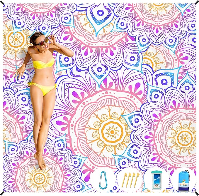 BYDOLL Beach Blanket Waterproof Sandproof 78''×81'' Suits1-4 Adults Compact Lightweight Oversized Sand-Free Blanket Large Picnic Mat for Beach Travel Camping Hiking