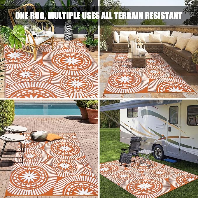 Ileading Outdoor Plastic Straw Rug 5x8ft Modern Geometric Style Reversible Patio Area Rugs Waterproof Non Shedding Portable Carpets for Rv Outside Deck Pool Beach Picnic Camping (Orange)