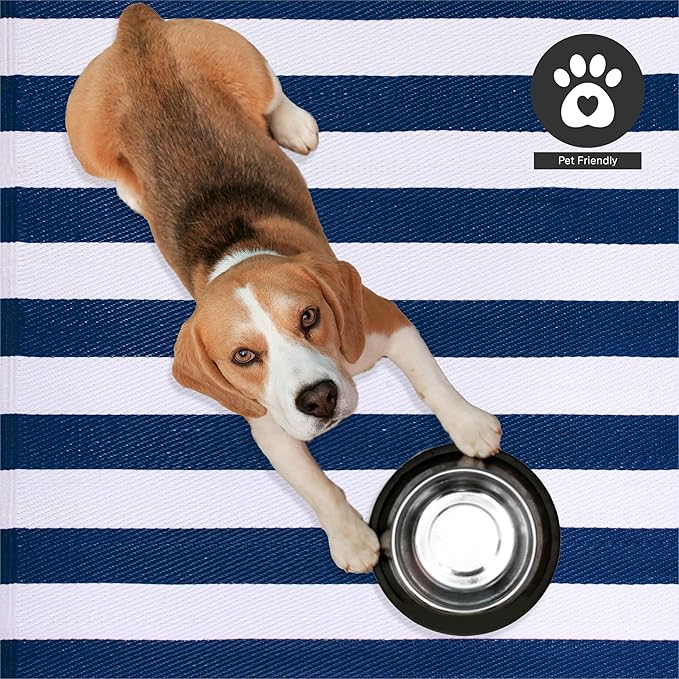 FH Home Outdoor Camping Rug - Waterproof, Fade Resistant, Reversible - Premium Recycled Plastic - Striped - Large Patio, Deck, Sunroom, RV - Brittany Stripe - Blue & White - 9 x 12 ft Foldable