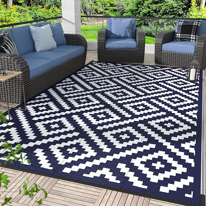 GENIMO 5x8 Outdoor Rug Waterproof, Reversible Mats, Area Rug, Plastic Outside Carpet, Geometric Rv Mat for Patio Camping Picnic Backyard Deck Balcony Porch Beach Trailer (Navy Blue & White)
