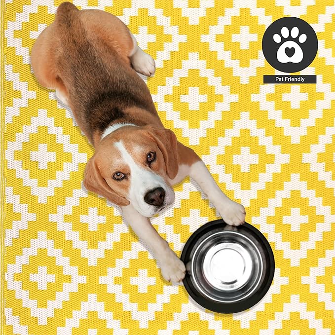 FH Home Outdoor Camping Rug - Waterproof, Fade Resistant, Reversible - Premium Recycled Plastic - Geometric - Large Patio, Deck, Sunroom, RV - Aztec - Yellow & White - 9 x 12 ft Foldable