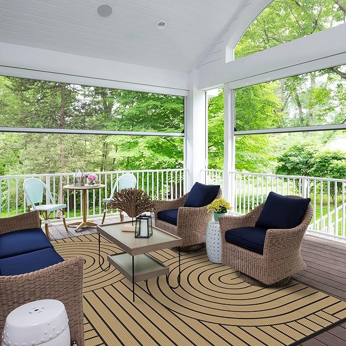 GENIMO Outdoor Rug 6'x9' Patio Waterproof, Lightweight Outdoor Plastic Straw Rug Clearance, Reversible Camping Mat Outdoor Carpet for RV, Picnic, Backyard, Deck, Balcony, Porch, Black & Brown