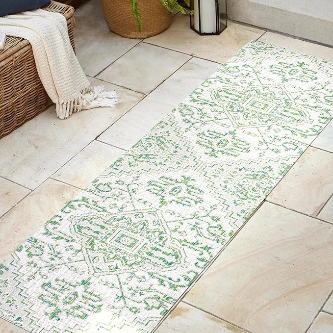 JONATHAN Y SMB105G-28 Estrella Bohemian Medallion Textured Weave Indoor Outdoor Runner Rug, Coastal,Traditional,Transitional Easy Clean,Bedroom,Kitchen,Backyard,Patio, Non-Shed, Green/Cream, 2 X 8
