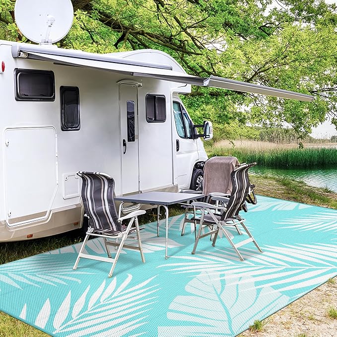 GENIMO Outdoor Rug 10' x 14' Waterproof for Patios Clearance, Reversible Outdoor Plastic Straw Camping Rug Carpet, Large Area Rugs Mats for RV, Camper, Deck, Balcony, Porch, Beach, Aqua Blue&White