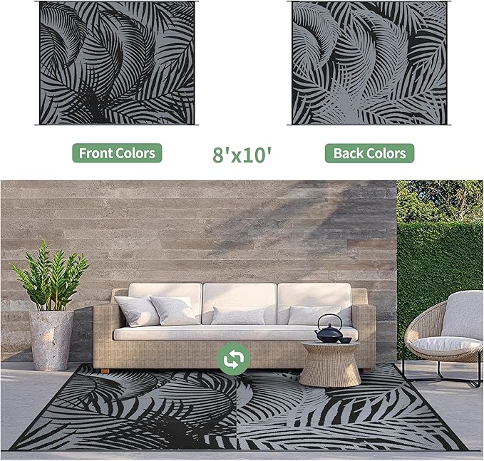 GENIMO Outdoor Rug 8' x 10' Waterproof for Patio Clearance, Reversible Lightweight Plastic Straw Camping Carpet, Large Area Rugs Mats for Rv, Porch, Backyard, Deck, Picnic, Balcony, Mix-Black & Gray