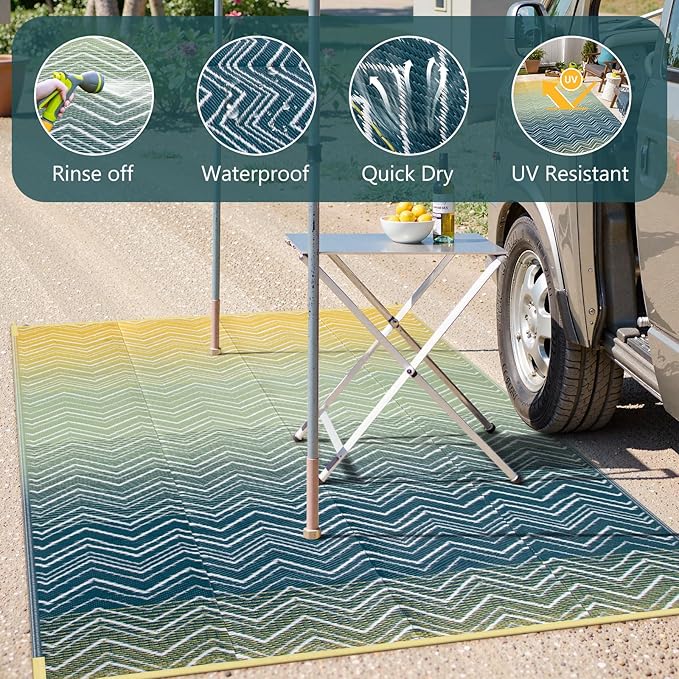 Lahome Outdoor Plastic Straw Rug, Reversible Outdoor Rug Waterproof 6x9 Patio Rugs, Camping Rugs for RV Backyard Deck Porch Picnic Beach Trailer (Yellow/Blue, 6' x 9')