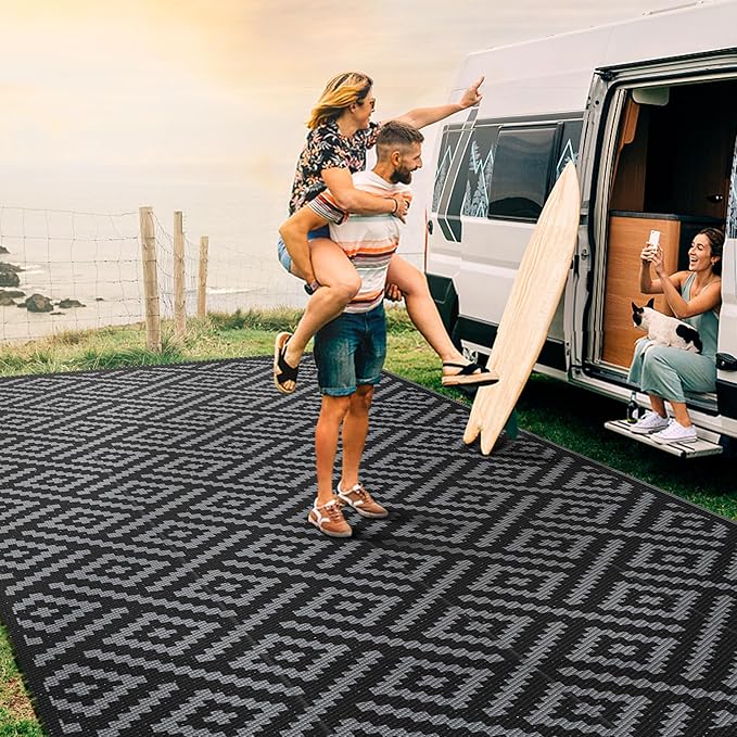 GENIMO Outdoor Rug for Patio Clearance,9'x18' Waterproof Mat,Reversible Plastic Camping Rugs,Rv,Porch,Deck,Camper,Balcony,Backyard,Black & Gray