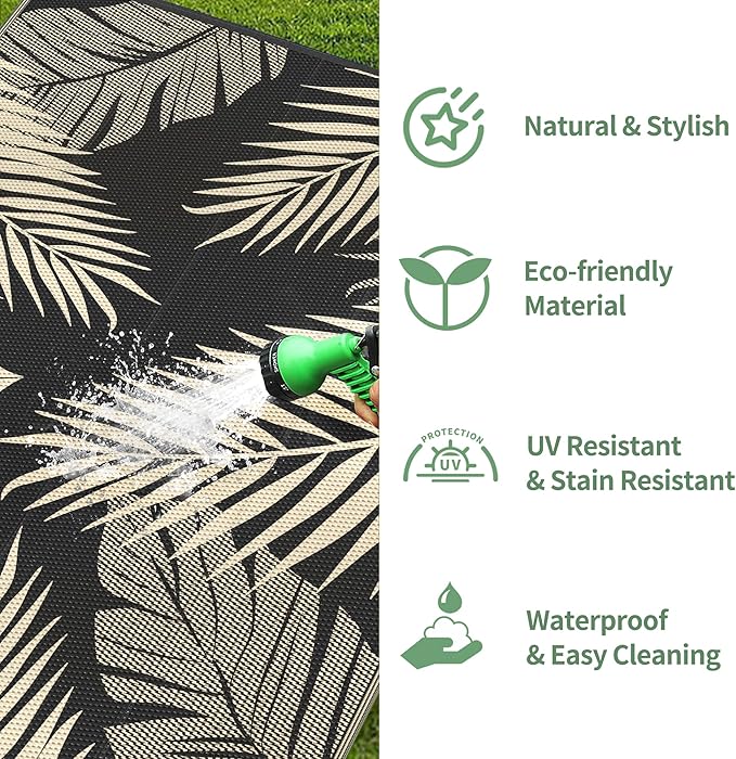 GENIMO Outdoor Rug 9' x 18' Waterproof for Patios Clearance, Reversible Outdoor Plastic Straw Camping Rug Carpet, Large Area Rugs Mats for RV, Camper, Deck, Balcony, Porch, Beach, Picnic, Black&Beige