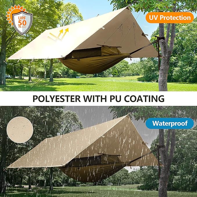 FREE SOLDIER Camping Tarp Waterproof Portable Multifunctional Outdoor Traveling Awning Backpacking Shelter Rain Tarp (Beige 10×10.5ft)