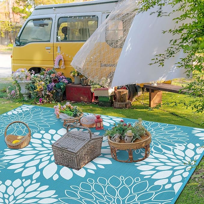 Ileading Reversible Outdoor Rug 8x10Ft Waterproof Patio Rug Carpet Portable Outdoor Plastic Straw Rug Large RV Camping Mat Rug for Patio, Clearance, Deck, Beach, Porch, Camping, Picnic, Teal
