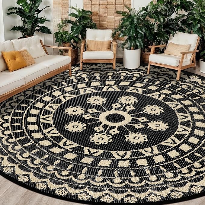 Capslpad 10Ft Round Outdoor Rug for Patio Reversible Mat Waterproof Plastic Straw Rug Boho Circle Indoor Outside Area Rug for RV Camping Picnic Pool Tent Balcony Beach Deck Doormats Decor, Beige
