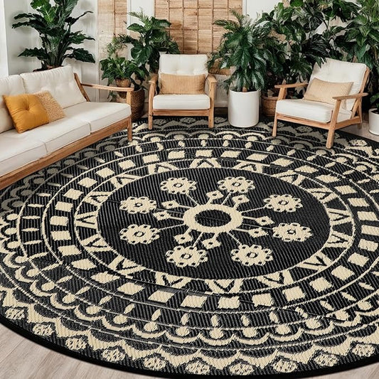 Capslpad 10Ft Round Outdoor Rug for Patio Reversible Mat Waterproof Plastic Straw Rug Boho Circle Indoor Outside Area Rug for RV Camping Picnic Pool Tent Balcony Beach Deck Doormats Decor, Beige