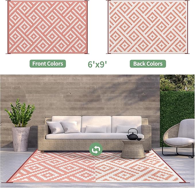 GENIMO Outdoor Rug for Patio Clearance, 6'x9' Reversible Plastic Straw Rugs, Lightweight Waterproof RV Camping Mat for Camper, Balcony, Deck, Backyard, Picnic, Brickred