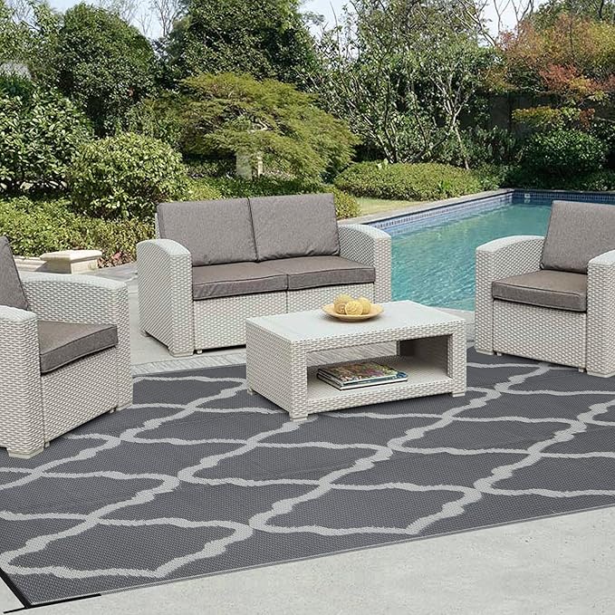Easy-Going Reversible Outdoor Rugs 5x8ft Waterproof Plastic Straw Rug Stain & UV Resistant Floor Mat for Patio Porch RV Backyard Pool Deck Picnic Beach Trailer Camping (Moroccan Grey & Light Grey)