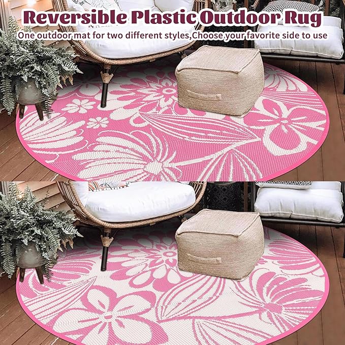 Ileading Round Outdoor Plastic Straw Rug 6ft Funny Floral Style Reversible Patio Area Rugs Waterproof Non Shedding Portable Carpets for Rv Outside Deck Pool Beach Picnic Camping (Pink)