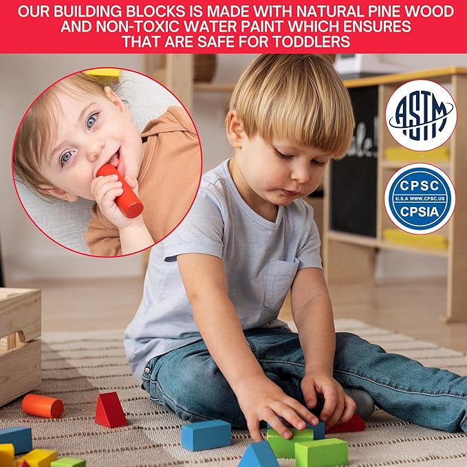 Alphabet Number Wooden Building Blocks Set -100 Blocks in 5 Water Paint Colors and 7 Shapes. Preschool Montessori Kids Baby Toys. Stacking Learning Toys for Toddlers. Age 18 Months +