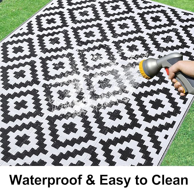 Smiry Waterproof Outdoor Rug 9x12 ft, Reversible Plastic Straw Patio Camping Rugs, Outdoor Indoor RV Mat Carpet for Patio, Outside Entry, Backyard, Deck, Bench, Picnic, Camper, Black & White