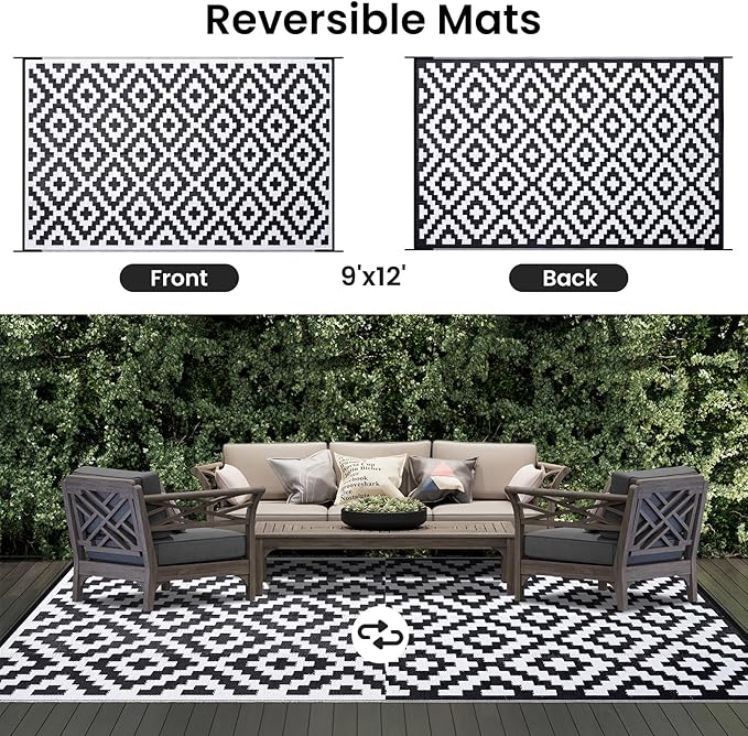 Smiry Waterproof Outdoor Rug 9x12 ft, Reversible Plastic Straw Patio Camping Rugs, Outdoor Indoor RV Mat Carpet for Patio, Outside Entry, Backyard, Deck, Bench, Picnic, Camper, Black & White