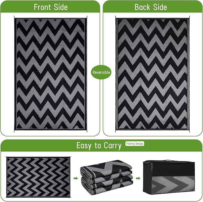 Easy-Going Reversible Outdoor Rugs 9x12ft Waterproof Plastic Straw Rug Stain & UV Resistant Floor Mat for Patio Porch RV Backyard Pool Deck Picnic Beach Trailer Camping (Waved Black & Grey)