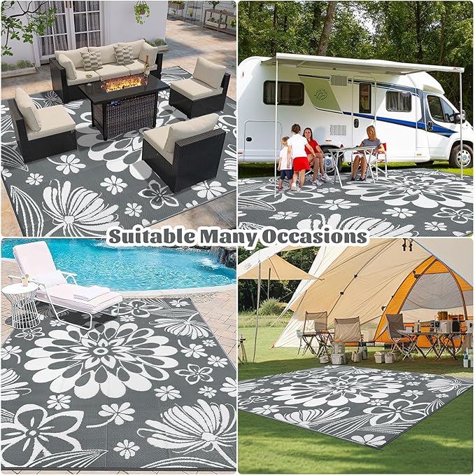 Ileading Outdoor Plastic Straw Rug 8x10ft Funny Floral Style Reversible Patio Area Rugs Waterproof Non Shedding Portable Carpets for Rv Outside Deck Pool Beach Picnic Camping (Grey)