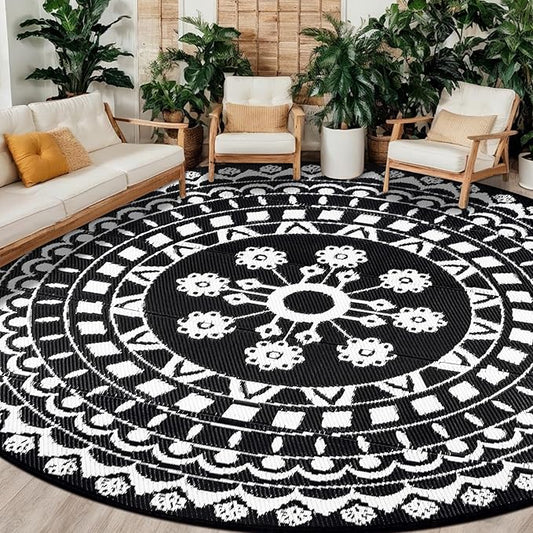Capslpad 10Ft Round Outdoor Rug for Patio Reversible Mat Boho Circle Indoor Outside Area Rug Waterproof Plastic Straw Rug for RV Camping Picnic Pool Tent Beach Deck Balcony Doormats Decor, Black