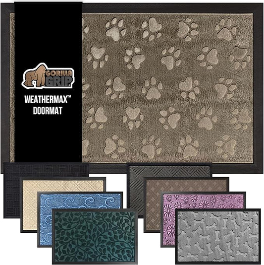 GORILLA GRIP 100% Waterproof All-Season WeatherMax Doormat, 47x35, Durable Natural Rubber, Stain and Fade Resistant, Low Profile, Indoor Outdoor Door Mats, Easy Clean Patio Entry Mat, Tan Pawprints
