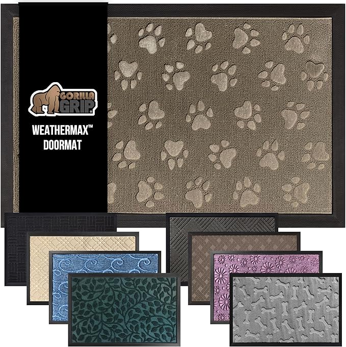 GORILLA GRIP 100% Waterproof All-Season WeatherMax Doormat, 23x35, Durable Natural Rubber, Stain and Fade Resistant, Low Profile, Indoor Outdoor Door Mats, Easy Clean Patio Entry Mat, Tan Pawprints